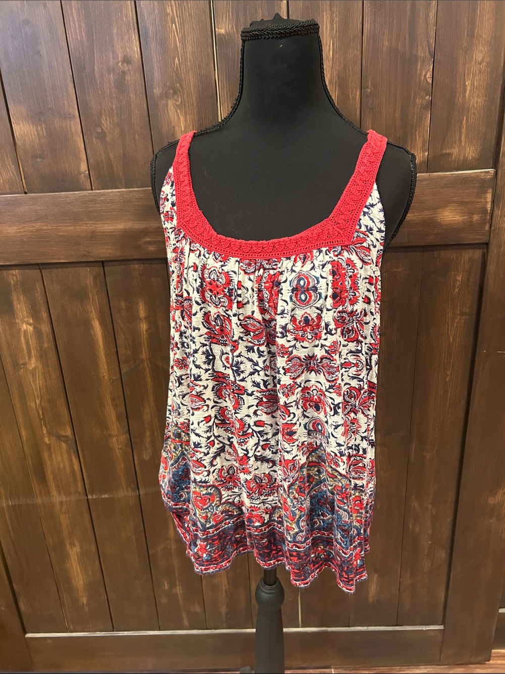 Lucky Brand Red, White & Navy Floral Crochet-Trim Tank